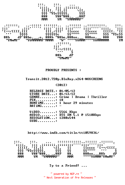 NFO for the release Transit.2012.720p.BluRay.x264-NOSCREENS by NOSCREENS