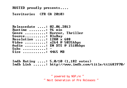 NFO for the release Territories.2010.720p.BluRay.x264-RUSTED by RUSTED