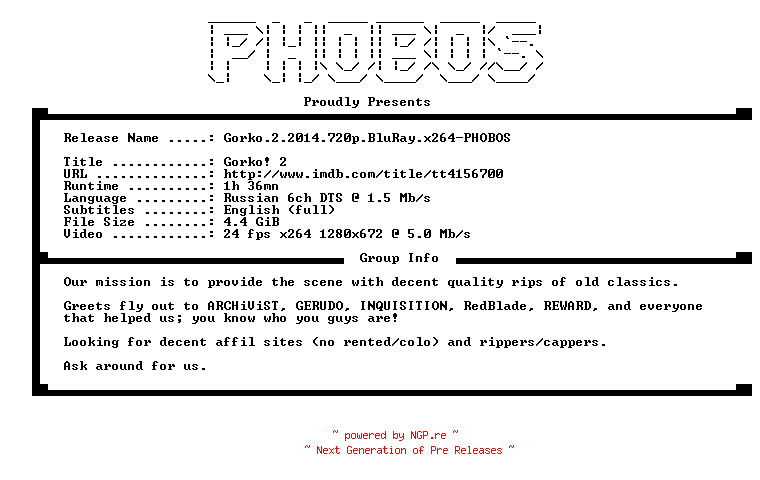 NFO for the release Gorko.2.2014.720p.BluRay.x264-PHOBOS by PHOBOS
