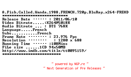 NFO for the release A.Fish.Called.Wanda.1988.FRENCH.720p.BluRay.x264-FREHD by FREHD