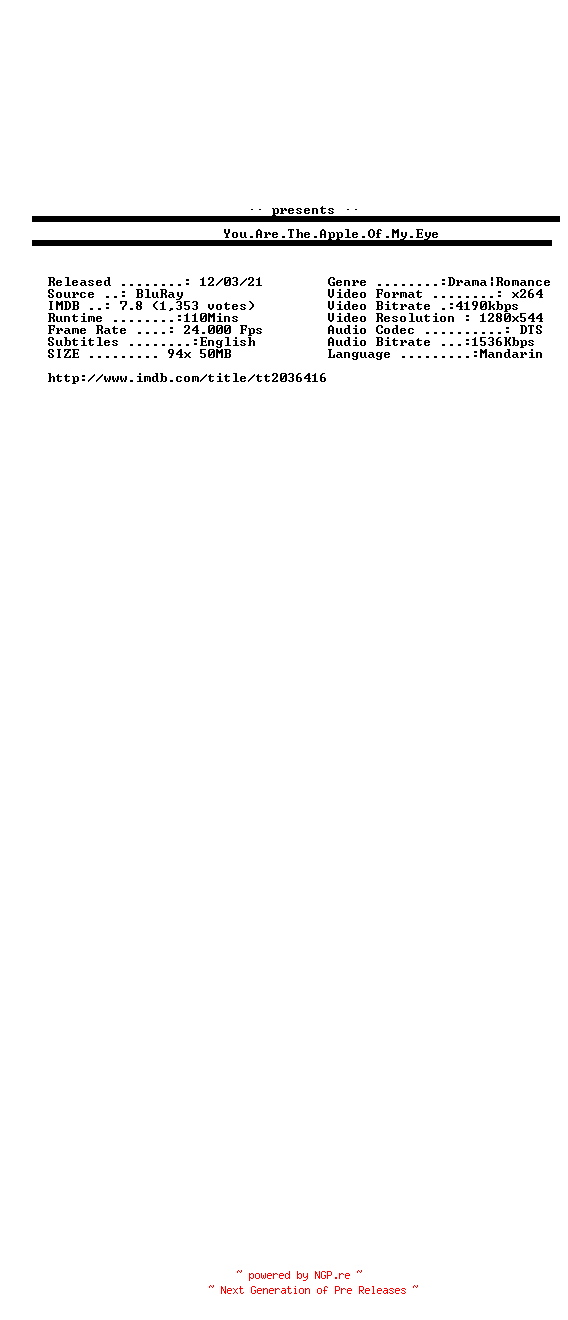 NFO for the release You.Are.The.Apple.Of.My.Eye.2011.iNTERNAL.720p.BluRay.x264-aBD by aBD