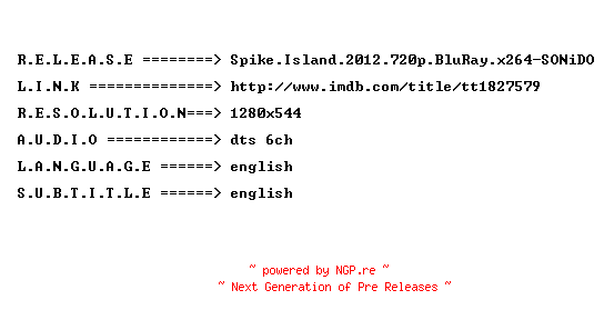 NFO for the release Spike.Island.2012.720p.BluRay.x264-SONiDO by SONiDO