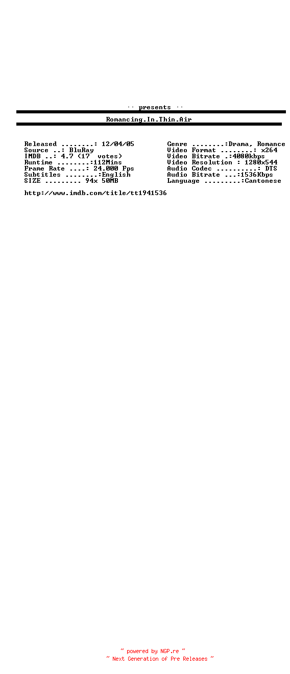 NFO for the release Romancing.In.Thin.Air.2012.720p.BluRay.x264-aBD by aBD