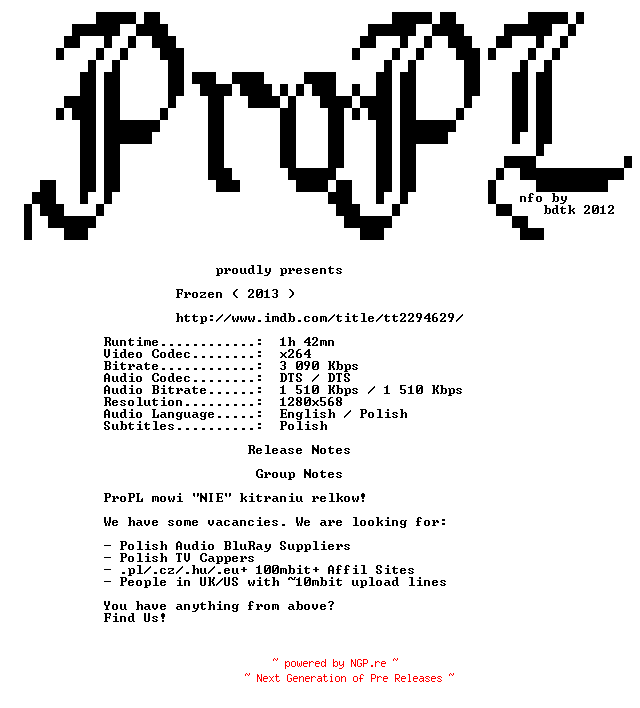 NFO for the release Frozen.2013.PLDUB.DUAL.720p.BluRay.x264-ProPL by ProPL
