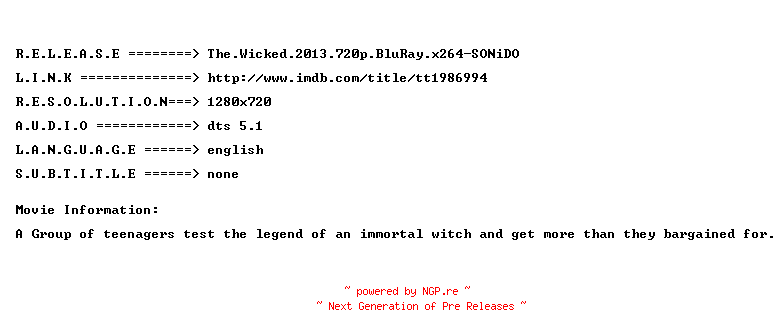 NFO for the release The.Wicked.2013.720p.BluRay.x264-SONiDO by SONiDO