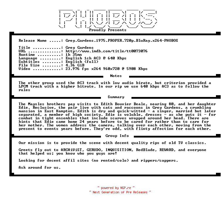 NFO for the release Grey.Gardens.1975.PROPER.720p.BluRay.x264-PHOBOS by PHOBOS