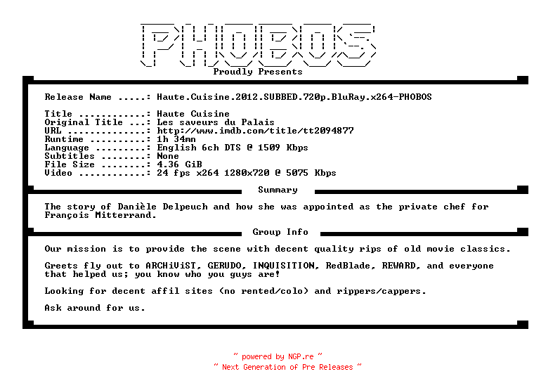 NFO for the release Haute.Cuisine.2012.SUBBED.720p.BluRay.x264-PHOBOS by PHOBOS