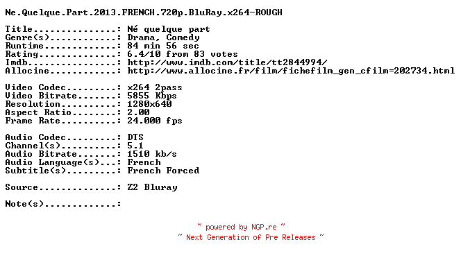 NFO for the release Ne.Quelque.Part.2013.FRENCH.720p.BluRay.x264-ROUGH by ROUGH
