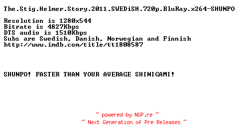 NFO for the release The.Stig.Helmer.Story.2011.SWEDiSH.720p.BluRay.x264-SHUNPO by SHUNPO