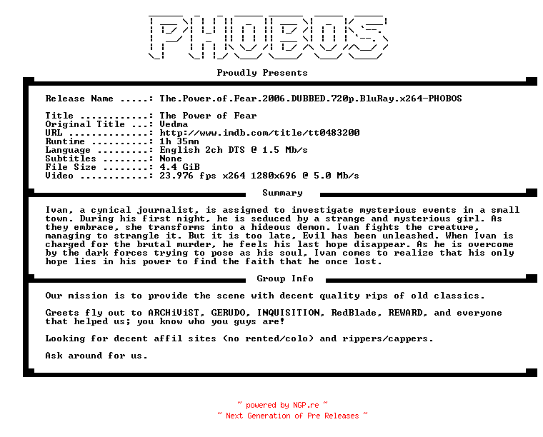 NFO for the release The.Power.of.Fear.2006.DUBBED.720p.BluRay.x264-PHOBOS by PHOBOS