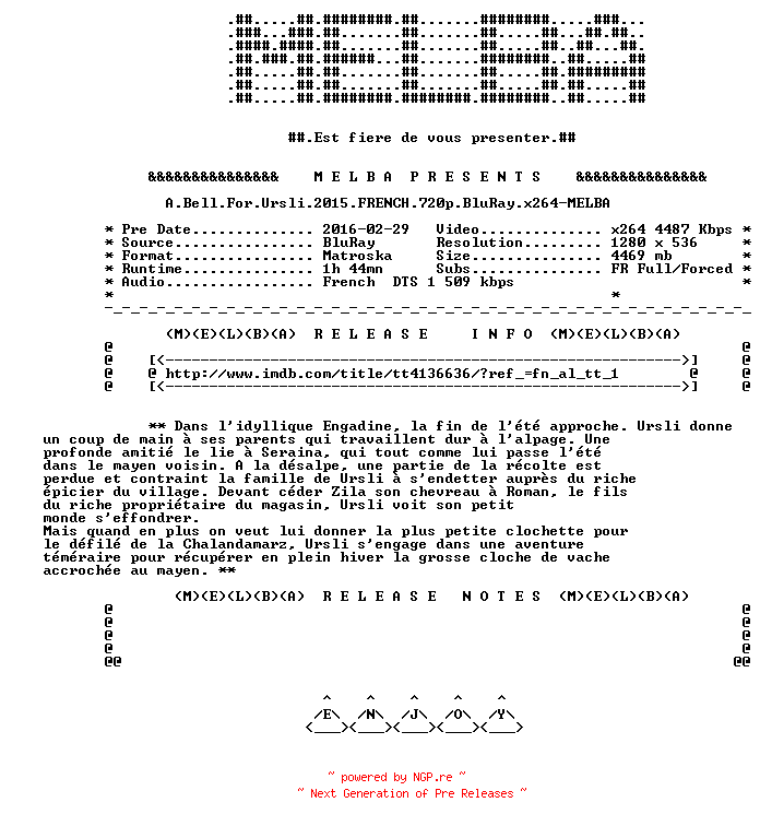 NFO for the release A.Bell.for.Ursli.2015.FRENCH.720p.BluRay.x264-MELBA by MELBA