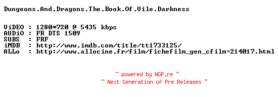 NFO for the release Dungeons.And.Dragons.The.Book.Of.Vile.Darkness.2012.STV.FRENCH.720p.BluRay.x264-MAGiCAL by MAGiCAL