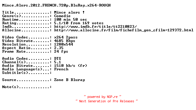 NFO for the release Mince.Alors.2012.FRENCH.720p.BluRay.x264-ROUGH by ROUGH