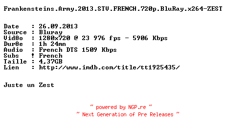 NFO for the release Frankensteins.Army.2013.STV.FRENCH.720p.BluRay.x264-ZEST by ZEST