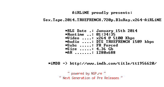 NFO for the release Sex.Tape.2014.TRUEFRENCH.720p.BluRay.x264-AiRLiNE by AiRLiNE