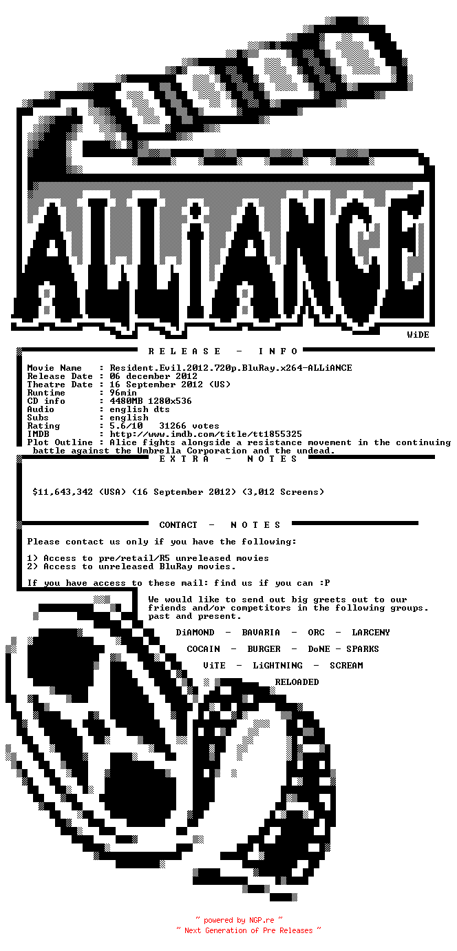 NFO for the release Resident.Evil.Retribution.2012.720p.BluRay.x264-ALLiANCE by ALLiANCE