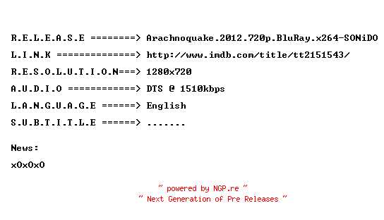 NFO for the release Arachnoquake.2012.720p.BluRay.x264-SONiDO by SONiDO