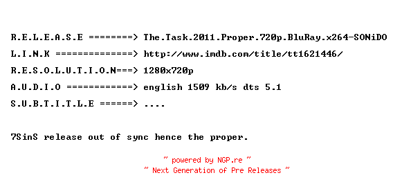 NFO for the release The.Task.2011.Proper.720p.BluRay.x264-SONiDO by SONiDO
