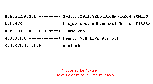 NFO for the release Switch.2011.720p.BluRay.x264-SONiDO by SONiDO
