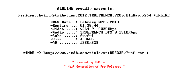 NFO for the release Resident.Evil.Retribution.2012.TRUEFRENCH.720p.BluRay.x264-AiRLiNE by AiRLiNE