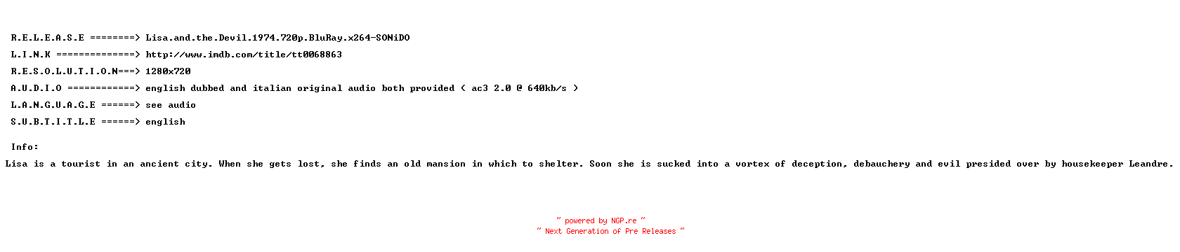 NFO for the release Lisa.and.the.Devil.1974.720p.BluRay.x264-SONiDO by SONiDO
