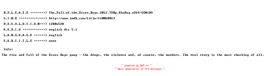 NFO for the release The.Fall.of.the.Essex.Boys.2012.720p.BluRay.x264-SONiDO by SONiDO