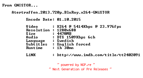 NFO for the release Atertraffen.2013.720p.BluRay.x264-GNiSTOR by GNiSTOR