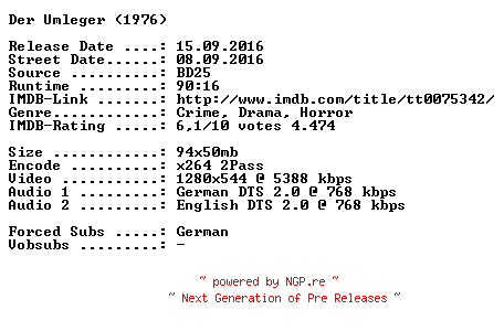 NFO for the release Der.Umleger.1976.German.DL.720p.BluRay.x264-SPiCY by SPiCY