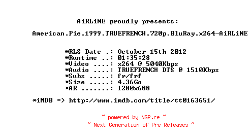 NFO for the release American.Pie.1999.TRUEFRENCH.720p.BluRay.x264-AiRLiNE by AiRLiNE