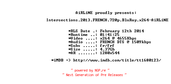 NFO for the release Intersections.2013.FRENCH.720p.BluRay.x264-AiRLiNE by AiRLiNE