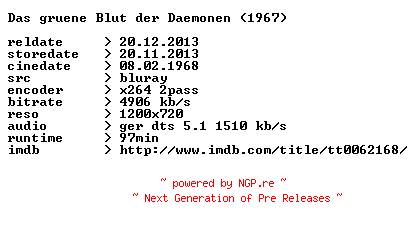 NFO for the release Das.gruene.Blut.der.Daemonen.1967.German.720p.BluRay.x264-CONTRiBUTiON by CONTRiBUTiON