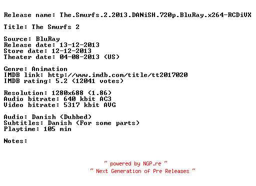 NFO for the release The.Smurfs.2.2013.DANiSH.720p.BluRay.x264-RCDiVX by RCDiVX