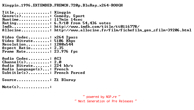 NFO for the release Kingpin.1996.EXTENDED.FRENCH.720p.BluRay.x264-ROUGH by ROUGH