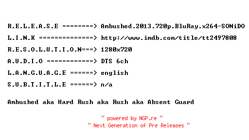 NFO for the release Ambushed.2013.720p.BluRay.x264-SONiDO by SONiDO