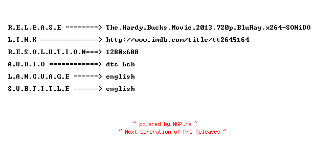 NFO for the release The.Hardy.Bucks.Movie.2013.720p.BluRay.x264-SONiDO by SONiDO