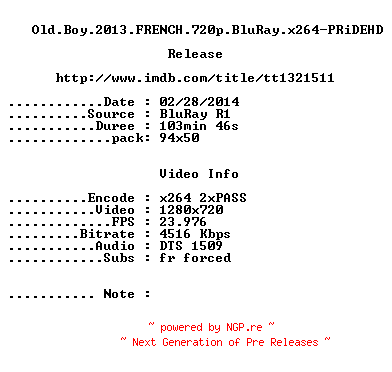 NFO for the release Oldboy.2013.FRENCH.720p.BluRay.x264-PRiDEHD by PRiDEHD