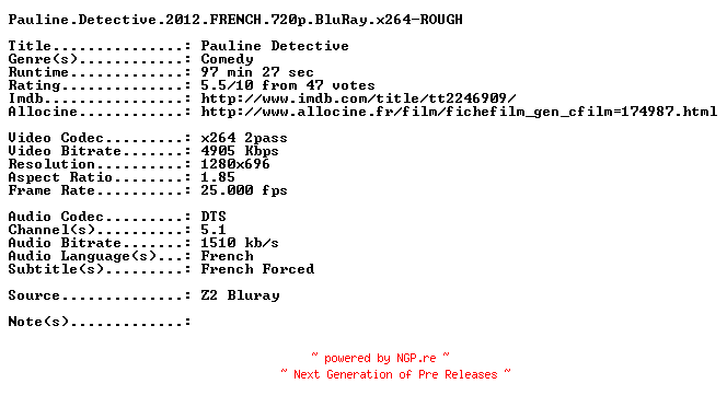 NFO for the release Pauline.Detective.2012.FRENCH.720p.BluRay.x264-ROUGH by ROUGH