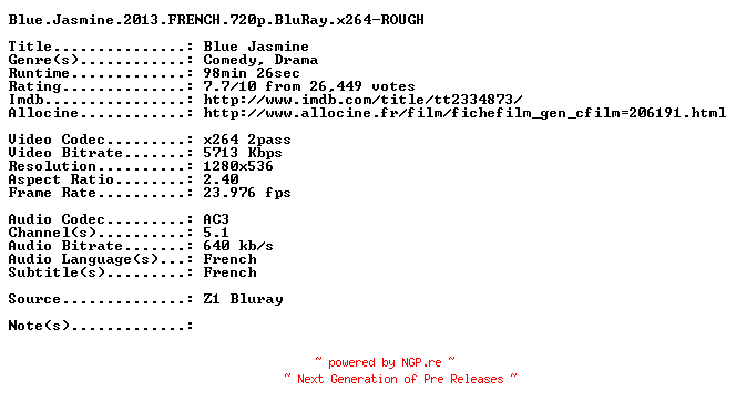 NFO for the release Blue.Jasmine.2013.FRENCH.720p.BluRay.x264-ROUGH by ROUGH