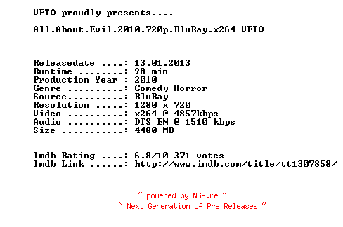 NFO for the release All.About.Evil.2010.720p.BluRay.x264-VETO by VETO