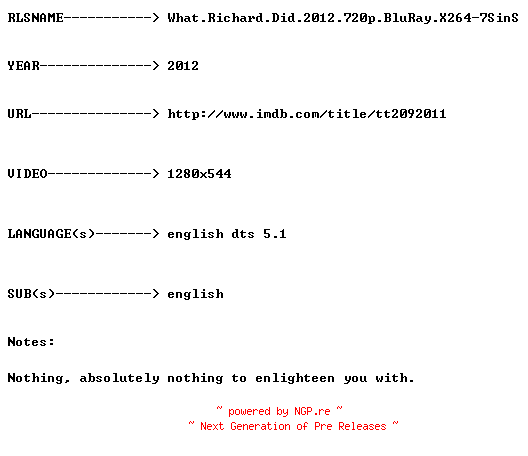 NFO for the release What.Richard.Did.2012.720p.BluRay.X264-7SinS by 7SinS