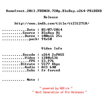 NFO for the release Homefront.2013.FRENCH.720p.BluRay.x264-PRiDEHD by PRiDEHD
