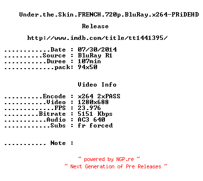 NFO for the release Under.the.Skin.2013.FRENCH.720p.BluRay.x264-PRiDEHD by PRiDEHD