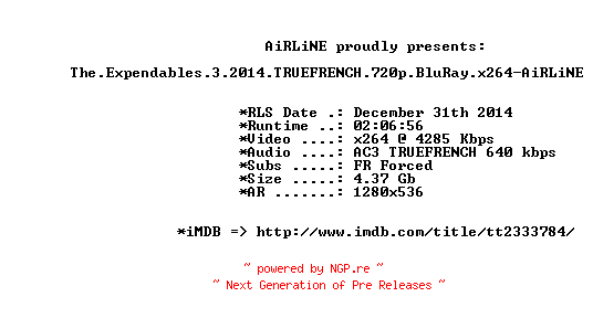 NFO for the release The.Expendables.3.2014.TRUEFRENCH.720p.BluRay.x264-AiRLiNE by AiRLiNE