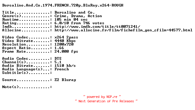 NFO for the release Borsalino.And.Co.1974.FRENCH.720p.BluRay.x264-ROUGH by ROUGH
