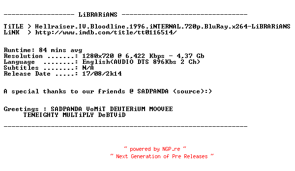 NFO for the release Hellraiser.IV.Bloodline.1996.iNTERNAL.720p.BluRay.x264-LiBRARiANS by LiBRARiANS