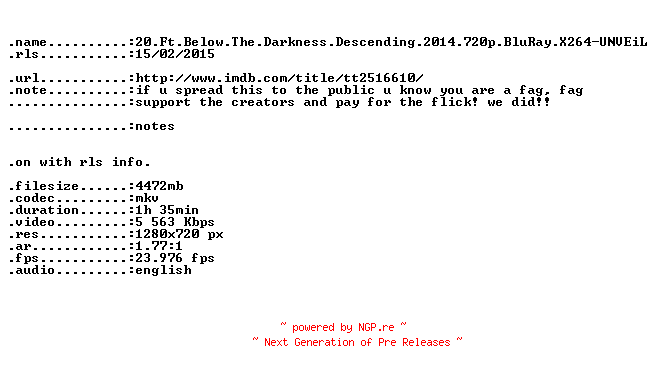 NFO for the release 20.Ft.Below.The.Darkness.Descending.2014.720p.BluRay.X264-UNVEiL by UNVEiL