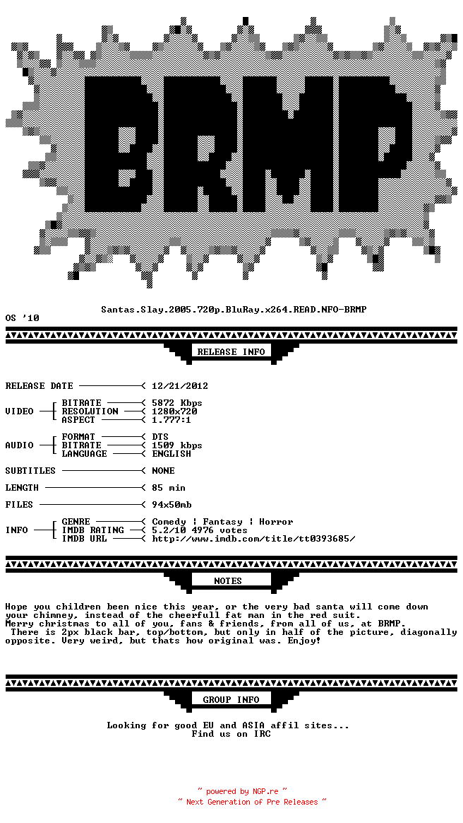 NFO for the release Santas.Slay.2005.720p.BluRay.x264.READ.NFO-BRMP by BRMP