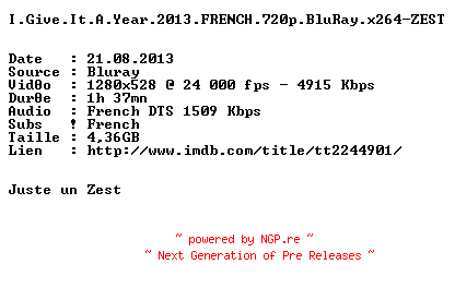 NFO for the release I.Give.It.A.Year.2013.FRENCH.720p.BluRay.x264-ZEST by ZEST