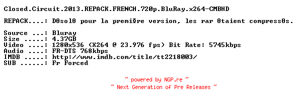 NFO for the release Closed.Circuit.2013.REPACK.FRENCH.720p.BluRay.x264-CMBHD by CMBHD