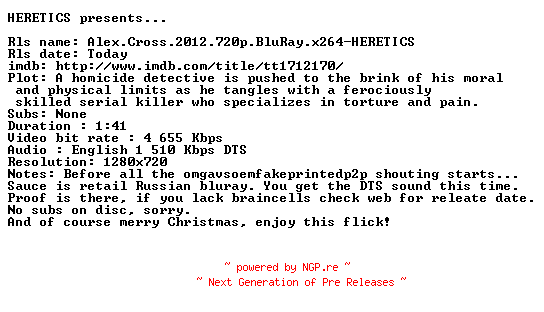NFO for the release Alex.Cross.2012.720p.BluRay.x264-HERETICS by HERETICS